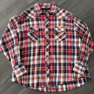Wrangler Plaid Mens Large Long Sleeve Pearl Snap Western Shirt Cowboy Red